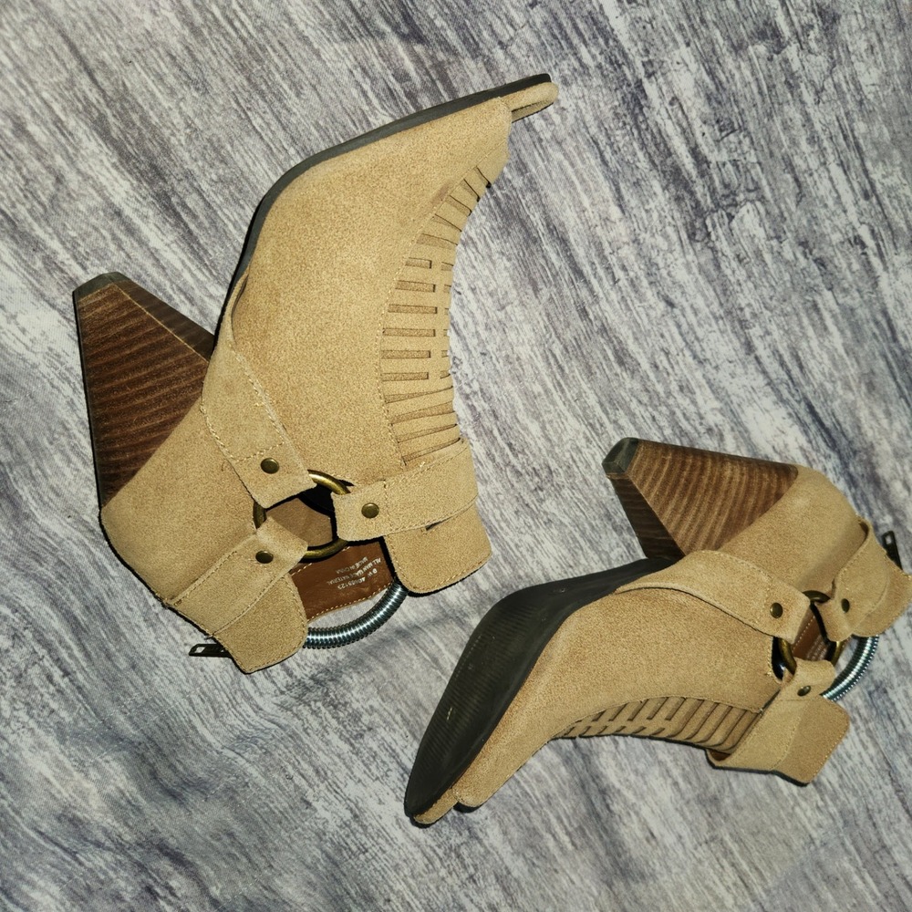 Wedge Heel Booties Open Toe Faux Suede Ankle Boots Tan Wide Width 9W Gold Accent - Picture 12 of 14